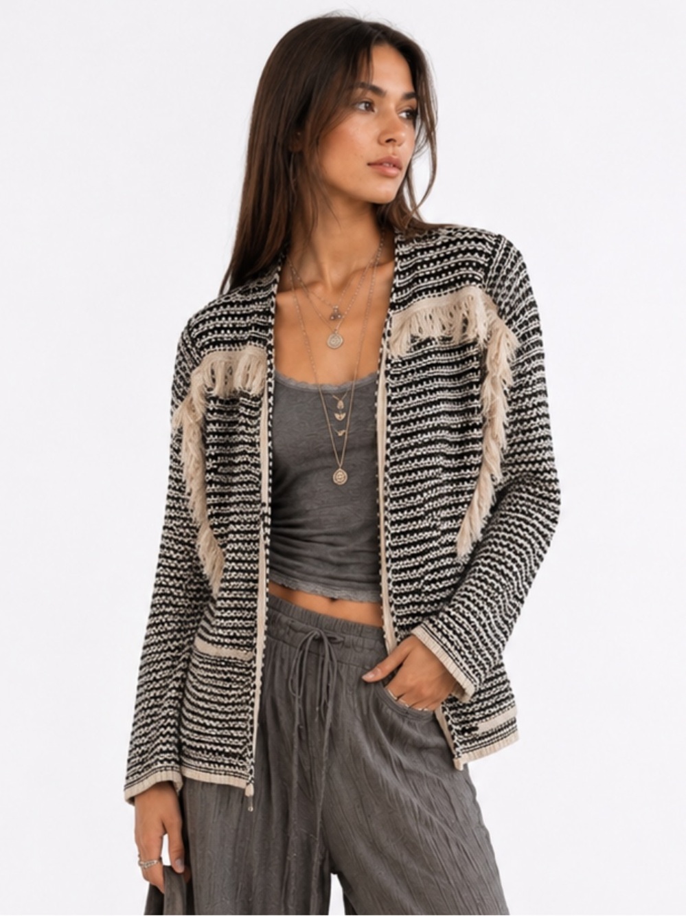 Knox Rose Black & Beige Tan Fringed Knit Cardigan Sweater XS